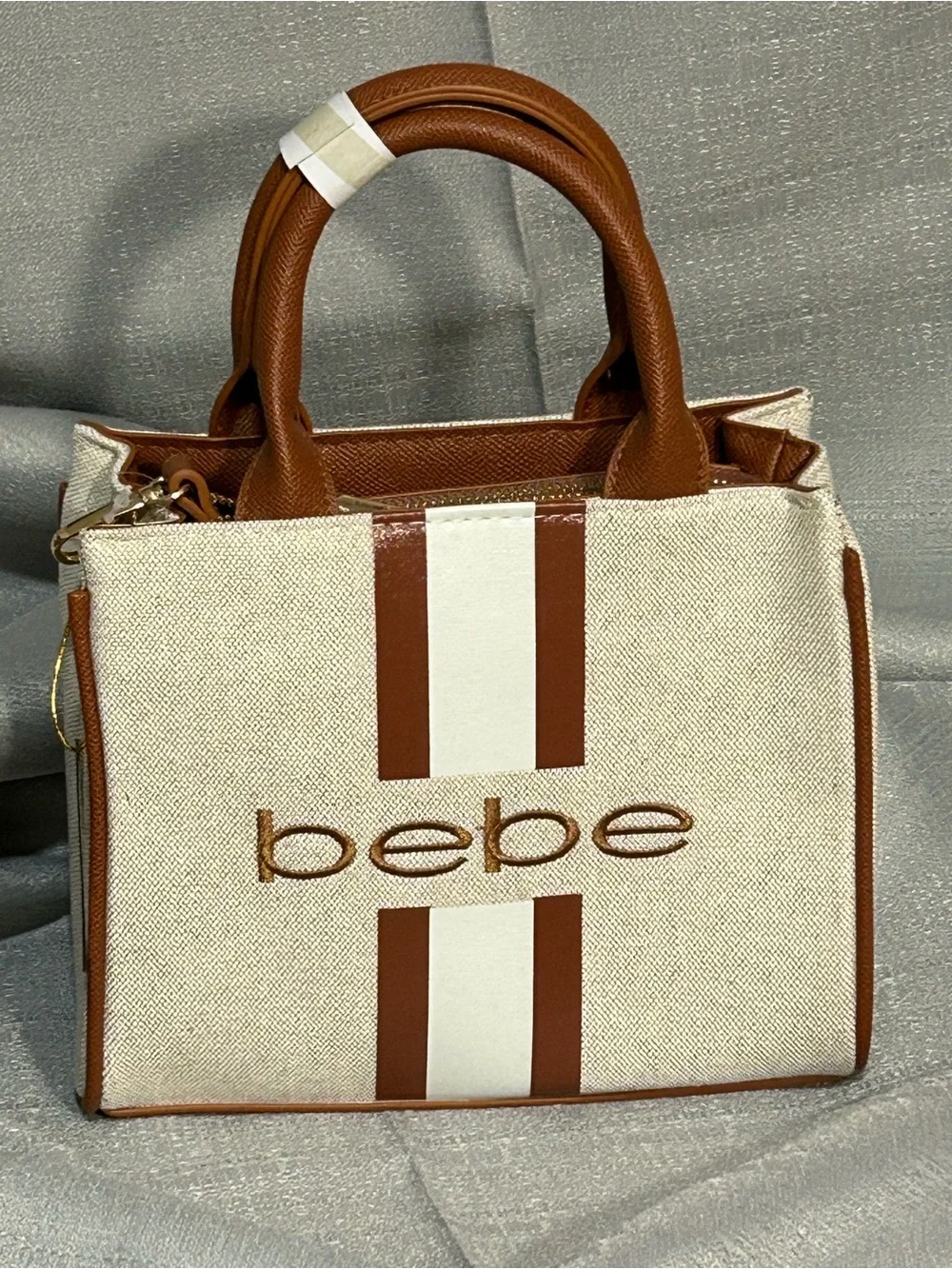bebe Paisley Mini Canvas Satchel Crossbody Caramel/Cream & Tan with Tan Trim